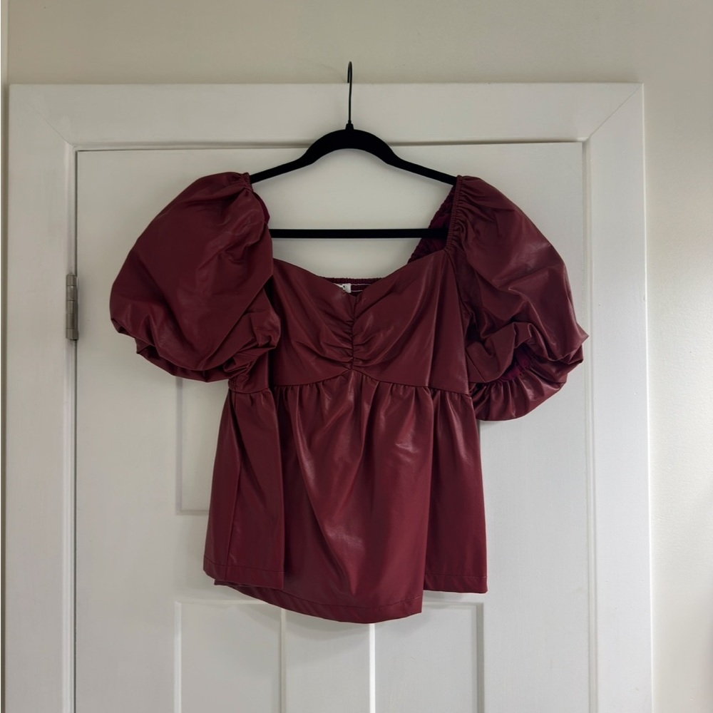 TCEC Burgundy Puff Sleeve Leather Top